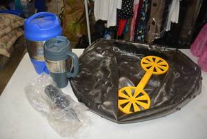 lot 40 image: Exercise Ball (Stay ball by Golds Gym), Water Exercise Resistance Paddle, Bubba Mug, Winzer Drink Dispenser