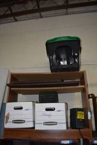 lot 226 image: Bookshelf and Contents  (37 W x 29 T x 12 D), Battery Saver, Office Phones and Storage Tubs