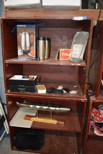 lot 222 image: Pair or Bookshelves plus Contents (Each Measures 31 W x 28 T x 21 D), Coffee Pot and Accessories, DVD Player, Peapod Sculpture