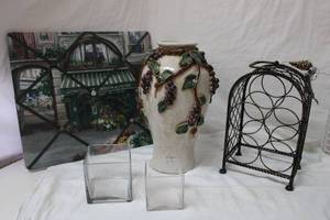 lot 55 image: Home Dcor 16.5 Ceramic Vase with Grapevine Design, Wire Wine Rack, Photo Board, and Square Vases