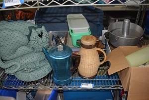 lot 244 image: Kitchen Lot Cat Pillow, Cushion, Coffee Servers, Recipe Books, Tupperware and More