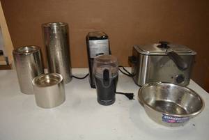 lot 248 image: Faberware Fryer, Coffee Grinders, Metal Candle Holder Set, and Dog Bowl