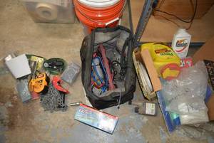 lot 273 image: Misc Lot of Tools Chain, Strap, Tool Bag, AC Kit, Weed Killer and More