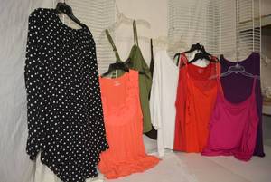 lot 309 image: Womens Tops Size 2X-3X Mostly Sleeveless, and Black and White Polka Dot Shirt