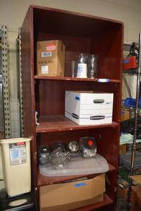lot 224 image: Bookshelf and Contents  (31 W x 78 T x 21 D),  Glass Cannister Set, Speaker Amplifier and More