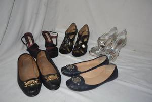 lot 321 image: Womens Shoes Flats Size 8-8.5, Black Heels 7.5, Antonio Melani Black Glitter Heels 6.5, Chinese Laundry Silver Heels Size 6