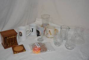 lot 297 image: Coffee Mugs, Coasters, Beaker Measuring Cup, Glassware