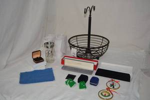lot 300 image: Wire Fruit Holder, Jewelry Display Boxes, Set of 5 Glass Tumblers with Silver Trim and Monogramed R