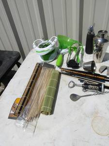 lot 66 image: Green & white hand chopper sushi roller. Cork screws, mixed drink shaker, chop sticks