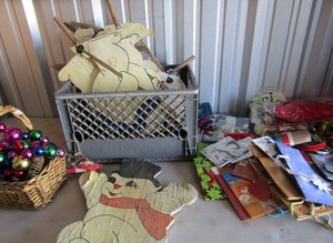 lot 84 image: Large holiday lot- lights, gift bags, ribbon, assorted decorations 26 wooden yard snowman