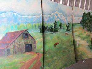 lot 85 image: Artisan painted 6 foot x 4 feet  per - 3 panels wall mural farm and horses - Total Size is 6 ft x 12 ft - perfect for a childs room