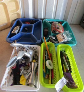 lot 130 image: 2 lunch TRAYS,  Various small bins with tape, Matches, wine bottle opener, grill lighter more