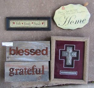 lot 133 image: 12x10 cross photo,  10x7 home art, 12x4 faith photo art, 2-11x5 wooden blessed art