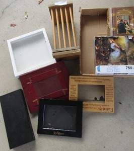 lot 136 image: PUZZLES,  8x7 family frame, maroon album, black canvas board, rack