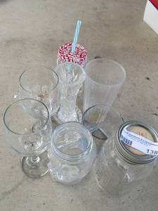 lot 138 image: Glass lot- wine glasses mason jars sugar dish