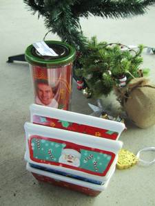 lot 140 image: 4 foot christmas tree, 4 square holiday bowls, elf cup mini Santa tree