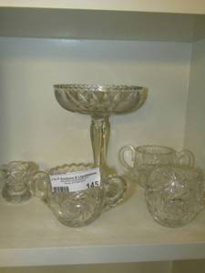 lot 145 image: Cut crystal sugarcreamer set  Candy dish toothpick holder