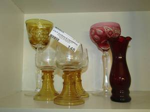 lot 148 image: 3 yellow wine glasses 2 stemmed painted wine glasses