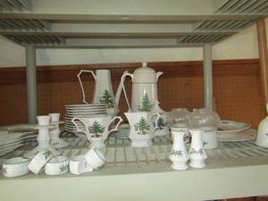 lot 5 image: Nikko Classic collection China Holiday theme Made in Japan Part I of set  -  Napkin rings, S&P shakers, Creamer & sugar, Bell, 2 candle sticks holders, coffee and tea pitchers  4 saucers, 5 tea cup saucers, 11 dessert bowls,  covered butter dish