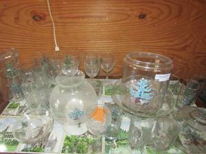 lot 17 image: Nikko classic collection China Holiday theme Made in Japan Part 7 - glass set 5 tea, large cookie JAR, 12 platter,   pitcher,  tea cups,  6 long stem wine glasses