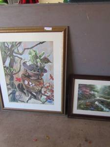 lot 23 image: Thomas Kincaid bridge art 20x24, Thomas Kincaid Village with bridge 27x33,   Mexican art  38x31,