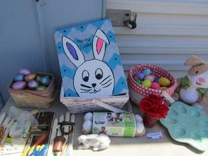 lot 36 image: Easter lot, glass egg holder 8 total eggs, basket full of plastic eggs, basket of glitter eggs, happy Easter canvas Easter dye kit NEW