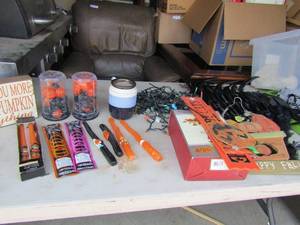 lot 42 image: Halloween lot- Candle sticks, canvasm scentsy burner, bountiful harvest angel black angel wings cat and bat light covers