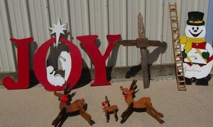 lot 45 image: 3 wooden reindeer, joy yard sign, snowman with lantern, cross, small deer 15x8 puzzle deer 2 large deer 28x19 comes apart