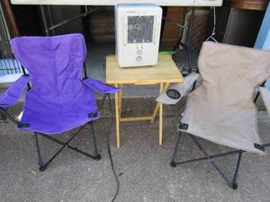lot 54 image: 2 fold up camping chairs small TV tray table Home basic electric heater