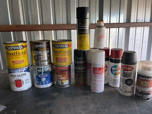lot 154 image: PAINTS -  BLUE, WHITE, CELERY  IN QTS   MINWAX STAIN X 2,  POLYURETHANE X 1   SPRAY PAINT X 7