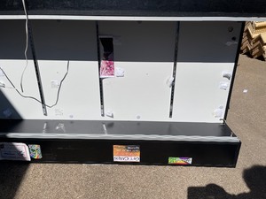 lot 171 image: FRONT COUNTER  BLACK W GLASS FRONT  SLIDING DOORS &  2 GLASS SHELEVES ,  2 LOCKING DRAWERS 26H X 84L X 24D