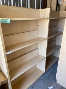 lot 177 image: COMMERCIAL GRADE BOOK SHELVES - STRIAGHT  DOUBLE SIDED CASE  FLAT TOP,2 SECTIONS PER SIDE  4 SHELVES PER SIDE PER SECTION,  60 H X 72WIDE X 24 DEPTH QTY 2   TIMES $$