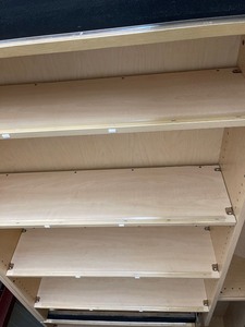 lot 172 image: COMMERCIAL GRADE BOOK SHELVES - STRIAGHT  DOUBLE SIDED CASE  FLAT TOP, 4 SHELVES PER SIDE 60 H X 36 WIDE X 24 DEPTH QTY 3  TIMES $$