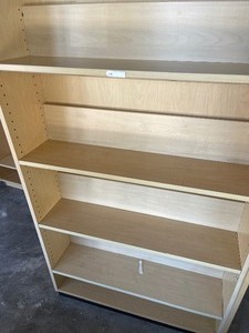 lot 174 image: COMMERCIAL GRADE BOOK SHELVES - STRIAGHT  DOUBLE SIDED CASE  FLAT TOP, 4 SHELVES PER SIDE 60 H X 36 WIDE X 24 DEPTH QTY 3  TIMES $$