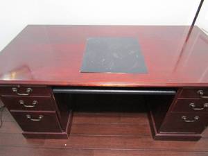 lot 159 image: VERY Nice Cherry Wood Desk MARBLE Piece in middle,  Keyboard pullout,  1 side door 3 drawers 30x71x35