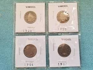 lot 24 image: Selection of V-Nickels - 1904, 1905, 1906, and 1907