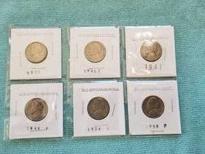 lot 48 image: Selection of 6 Old Jefferson Nickers - 1939, 1940D, 1947, 1949P, 1954S, and 1958P