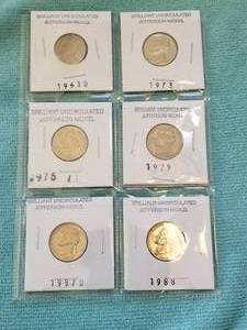 lot 51 image: Selection of 6 Brilliant Uncirculated Jefferson Nickels - 1963D, 1973, 1975, 1979, 1987D, and 1988