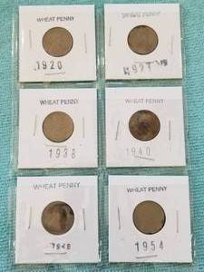 lot 66 image: Selection of 6 Wheat Pennies - 1920, 1927, 1938, 1940, 1948, and 1954