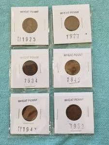 lot 69 image: Selection of 6 Wheat Pennies - 1925, 1927, 1934, 1945, 1947, and 1953