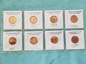 lot 93 image: Selection of 8 Brilliant Uncirculated Old Lincoln Cents - 1960, 1962, 1963, 1973, 1973D, 1974D, and 1981