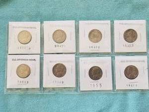 lot 105 image: Selection of 8 Old Jefferson Nickels - 1939P, 1940D, 1947D, 1948D, 1951D, 1954D, 1955, and 1957D