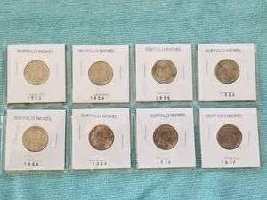 lot 108 image: Selection of 8 Buffalo Nickels - 1920, 1924, 1925, 1926, 1928, 1929, 1936, and 1937