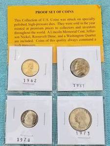 lot 111 image: Proof set of Coins - 1962 Penny, 1961 Nickel, 1978 Dime, and 1973 Quarter