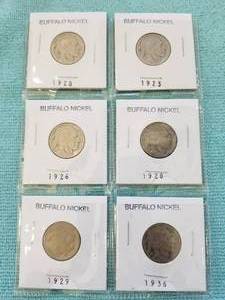 lot 120 image: Selection of 6 Buffalo Nickels - 1920, 1923, 1926, 1928, 1929, and 1936