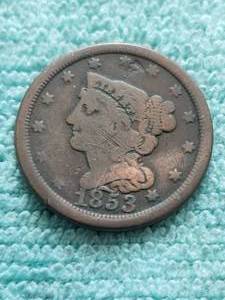 lot 312 image: 1853 half braided hair half cent piece