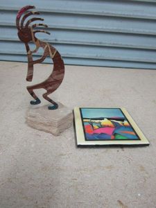 lot 26 image: DOWNE BURNES ARTWORK ON TILE, METAL KOKOPELLI FLUTE PLAYER ON SANDSTONE