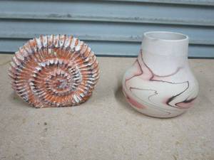 lot 28 image: AMMONITE SCULPTURE &amp HANDMADE NEMADJI POTTERY