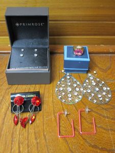 lot 52 image: 2 PAIRS OF PRIMROSE STERLING SILVER EARRINGS W CUBIC ZIRCONIA, 2 SETS OF FASHION EARRINGS, GOLD COLOR RING WITH PINK STONE POSSIBLY SIZE 8