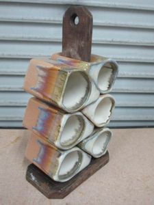 lot 56 image: VINTAGE PADILLA LARGE MUGS DRIP GLAZE POTTERY STONEWARE SET OF 6 W STAND